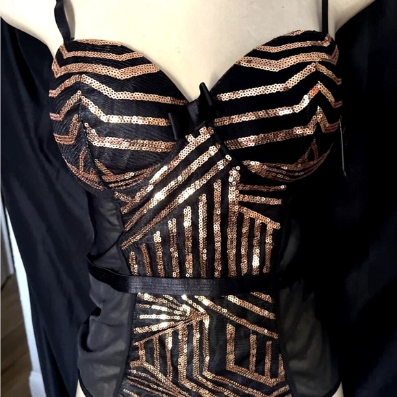 Black Fuchsia Secret Lace Womens Sequin Panel Bodysuit Size Large Art Deco New - Picture 9 of 12